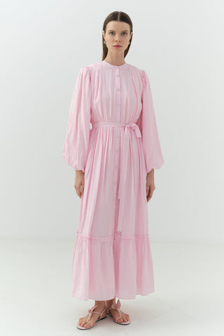 Beli Büzgülü Kraşlı Elbise Pembe