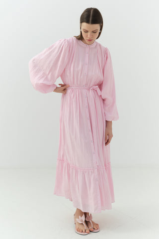 Beli Büzgülü Kraşlı Elbise Pembe