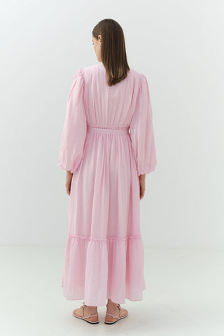 Beli Büzgülü Kraşlı Elbise Pembe