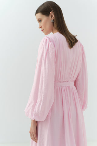 Beli Büzgülü Kraşlı Elbise Pembe