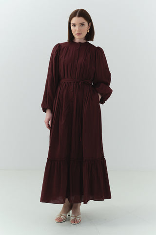 Beli Büzgülü Kraşlı Elbise Mürdüm