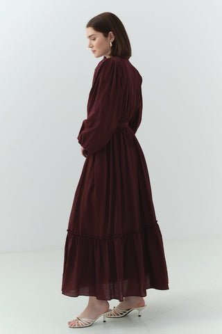 Beli Büzgülü Kraşlı Elbise Mürdüm