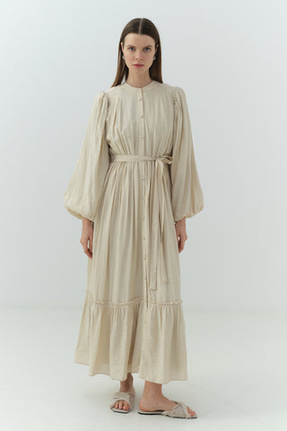 Beli Büzgülü Kraşlı Elbise Bej