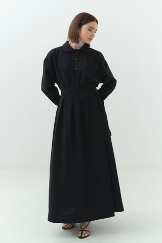 Yandan Bağlamalı Cupra Gömlek Yaka Elbise Siyah