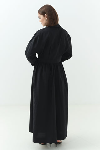 Yandan Bağlamalı Cupra Gömlek Yaka Elbise Siyah