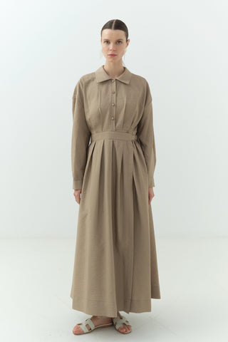 Yandan Bağlamalı Cupra Gömlek Yaka Elbise Camel