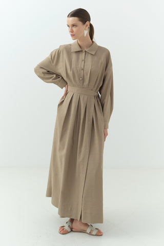 Yandan Bağlamalı Cupra Gömlek Yaka Elbise Camel