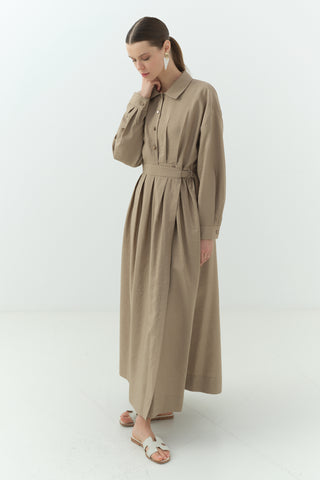 Yandan Bağlamalı Cupra Gömlek Yaka Elbise Camel