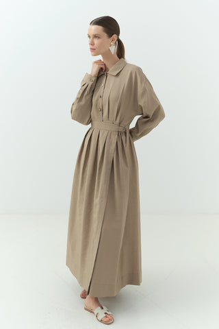 Yandan Bağlamalı Cupra Gömlek Yaka Elbise Camel