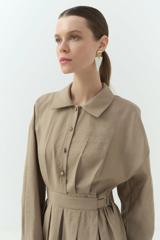 Yandan Bağlamalı Cupra Gömlek Yaka Elbise Camel