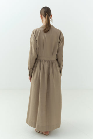 Yandan Bağlamalı Cupra Gömlek Yaka Elbise Camel