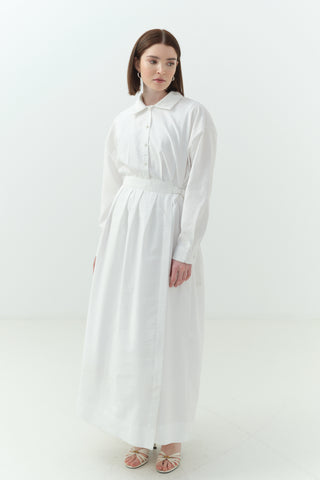 Yandan Bağlamalı Cupra Gömlek Yaka Elbise Ekru