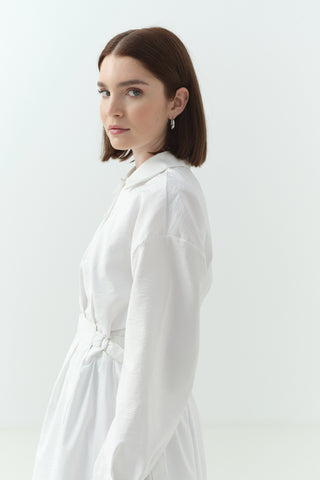 Yandan Bağlamalı Cupra Gömlek Yaka Elbise Ekru