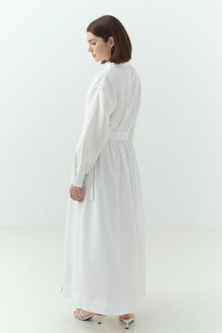 Yandan Bağlamalı Cupra Gömlek Yaka Elbise Ekru