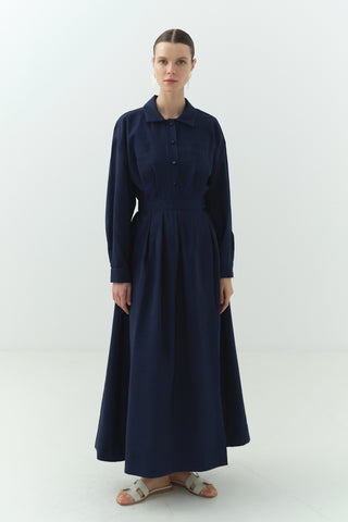 Yandan Bağlamalı Cupra Gömlek Yaka Elbise Lacivert