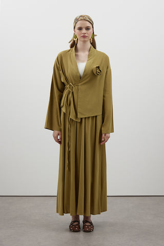 Gül Detaylı Keten Etekli Takım - Yeşil - Fushya Online