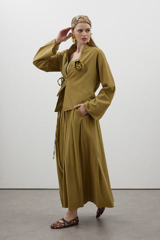 Gül Detaylı Keten Etekli Takım - Yeşil - Fushya Online