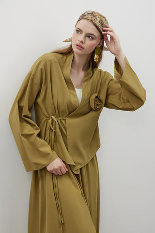 Gül Detaylı Keten Etekli Takım - Yeşil - Fushya Online