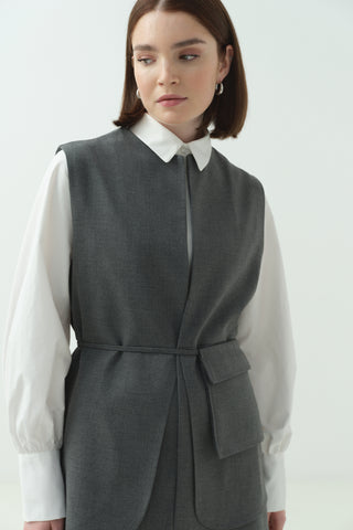 Çanta Detaylı Pantolonlu Takım Koyu Gri