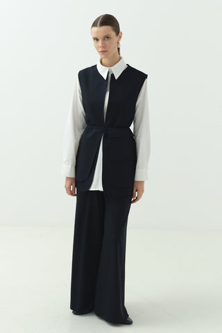 Çanta Detaylı Pantolonlu Takım Lacivert