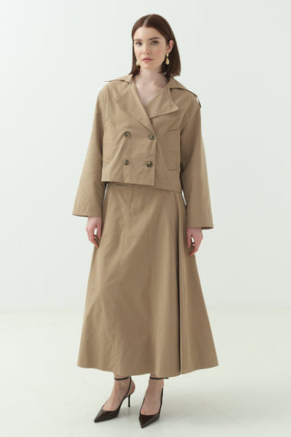 Kruvaze Yaka Kısa Trenç İkili Takım Camel