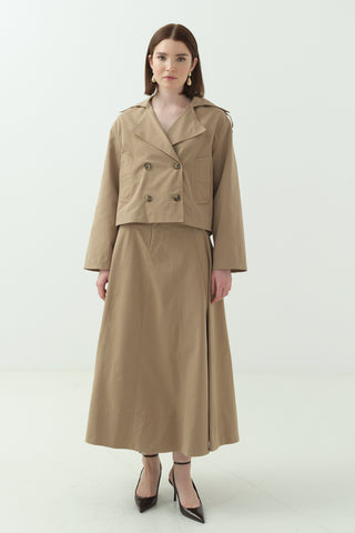 Kruvaze Yaka Kısa Trenç İkili Takım Camel