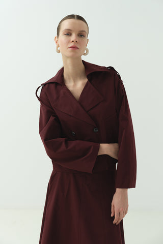 Kruvaze Yaka Kısa Trenç İkili Takım Bordo