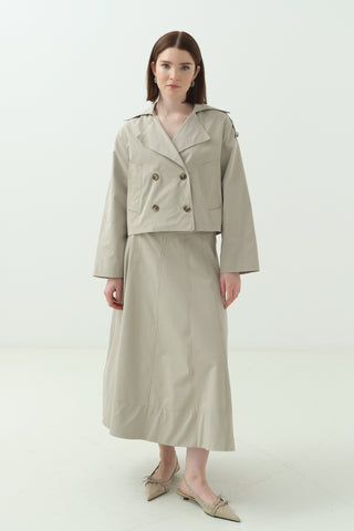 Kruvaze Yaka Kısa Trenç İkili Takım Taş Rengi