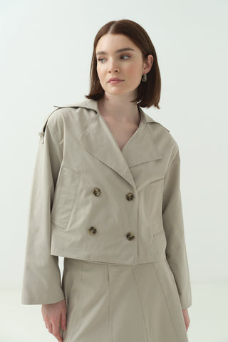 Kruvaze Yaka Kısa Trenç İkili Takım Taş Rengi