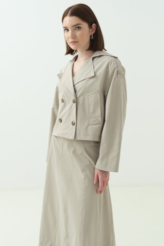 Kruvaze Yaka Kısa Trenç İkili Takım Taş Rengi