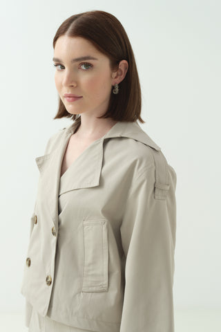 Kruvaze Yaka Kısa Trenç İkili Takım Taş Rengi