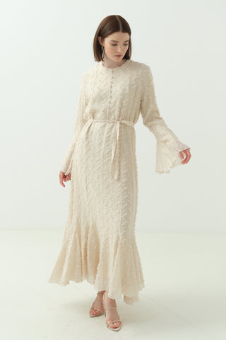 Düğme Detaylı Simli Şifon Elbise Bej