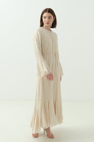 Düğme Detaylı Simli Şifon Elbise Bej