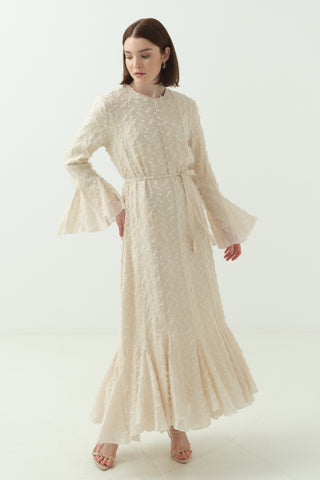 Düğme Detaylı Simli Şifon Elbise Bej