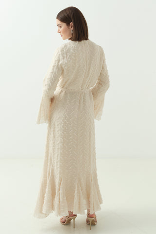 Düğme Detaylı Simli Şifon Elbise Bej