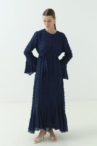 Düğme Detaylı Simli Şifon Elbise Lacivert