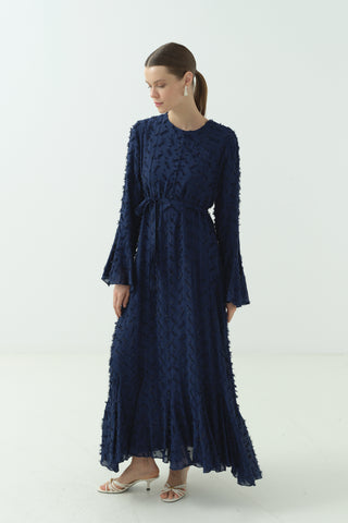 Düğme Detaylı Simli Şifon Elbise Lacivert