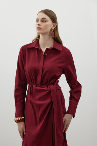 Bordo Bağlamalı Keten Elbise - Fushya Online