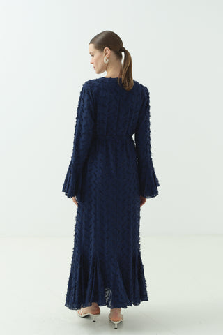 Düğme Detaylı Simli Şifon Elbise Lacivert