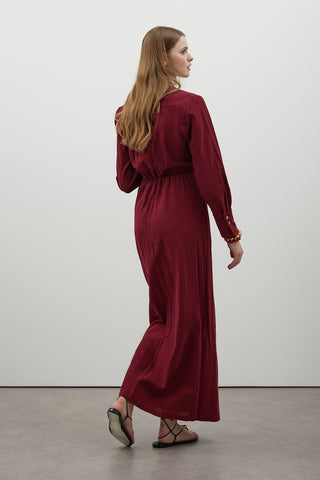 Bordo Bağlamalı Keten Elbise - Fushya Online
