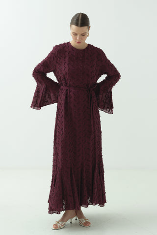 Düğme Detaylı Simli Şifon Elbise Bordo