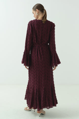 Düğme Detaylı Simli Şifon Elbise Bordo