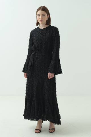 Düğme Detaylı Simli Şifon Elbise Siyah