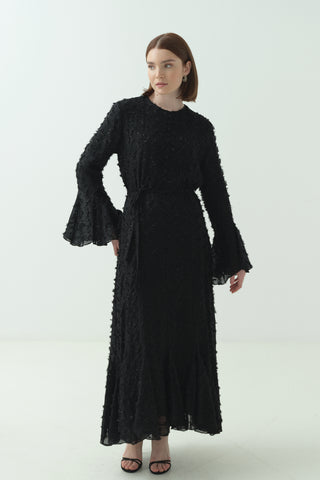 Düğme Detaylı Simli Şifon Elbise Siyah