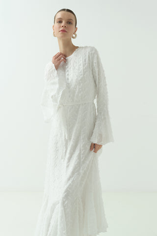 Düğme Detaylı Simli Şifon Elbise Ekru