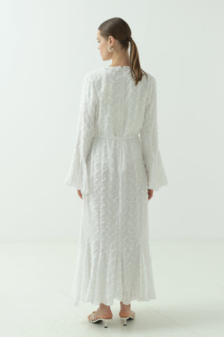 Düğme Detaylı Simli Şifon Elbise Ekru