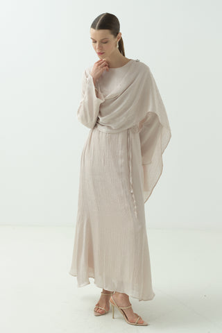 Saten Kraş Taşlı Elbise Taş Rengi