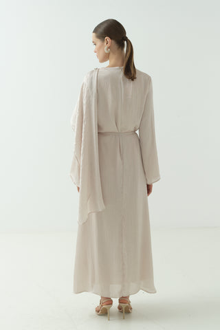 Saten Kraş Taşlı Elbise Taş Rengi