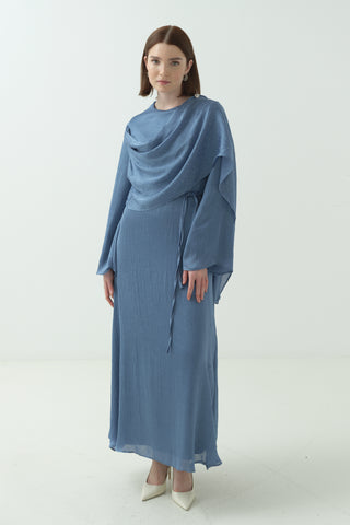 Saten Kraş Taşlı Elbise İndigo