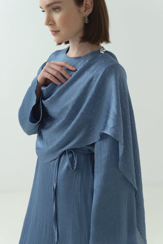 Saten Kraş Taşlı Elbise İndigo